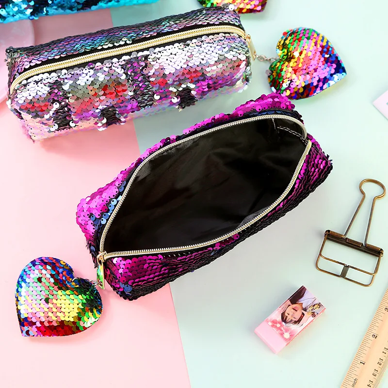 Sequin School Pencil Case for Girls Boys Penal Cute Love Pencilcase Cosmetic Pen Box Big Cartridge Box Stationery Kit Supplies