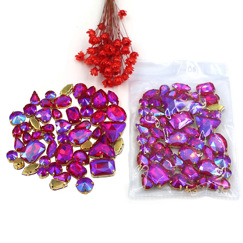 

Sell at a loss! 50pcs/bag high quality mixed shape Red AB glass crystal sew on gold base rhinestones diy clothing accessories