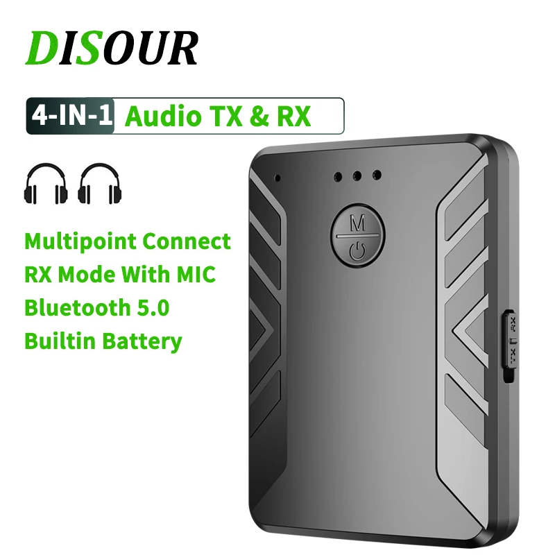 4 IN 1 Multipoint Bluetooth 5.0 Audio Transmitter Receiver For TV PC Connect 2 Headphones 3.5mm Stereo Wireless Adapter With MIC