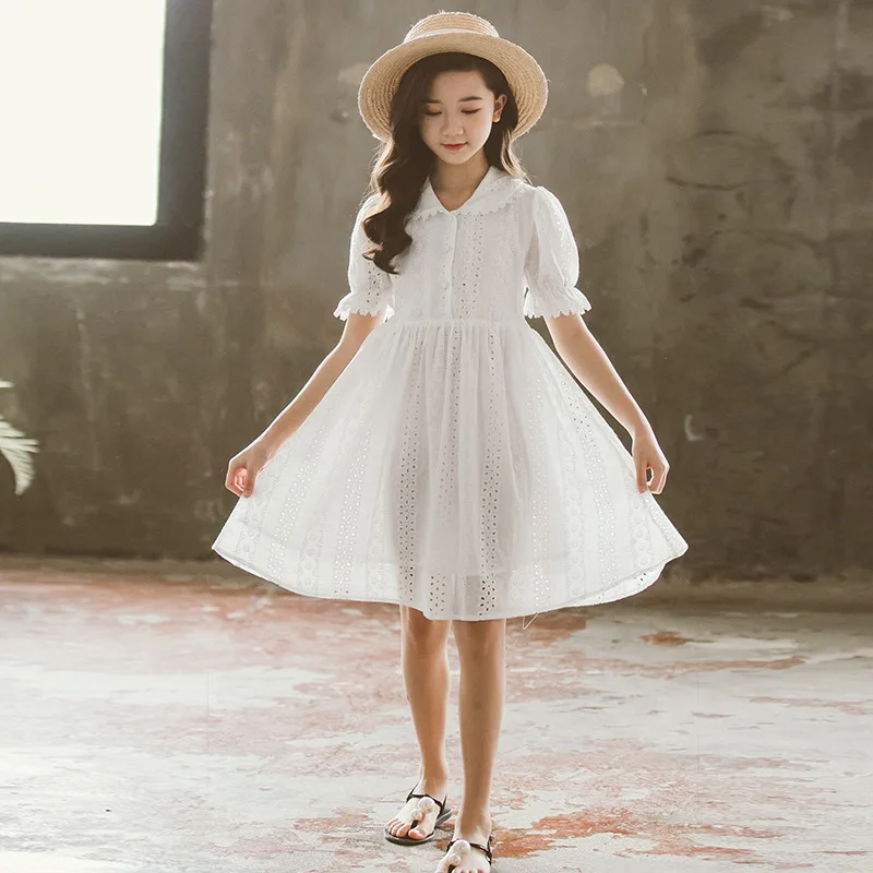 2024 summer Girls mesh teens Teenager Princess Elegant Kids White Hollow Party Dresses Children Clothes 4 6 8 10 12 13 14 year