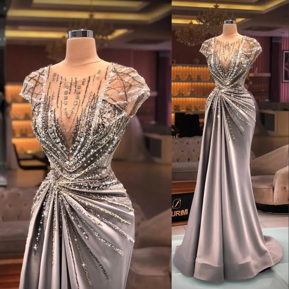 2022 Arabic Sexy Luxury Prom Dresses Jewel Neck Illusion Cap Sleeves Crystal Beading Sequins Bling Formal Party Dress Evening Go