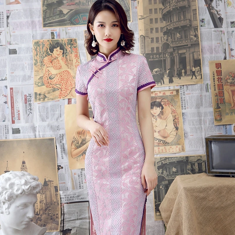 แบบดั้งเดิม Qipao จีน Cheongsam ชุดลูกไม้ฤดูใบไม้ร่วงทำด้วยมือ Elegant Vintage ผู้หญิงยาวเซ็กซี่สีแดงสีเขียวสีม่วง