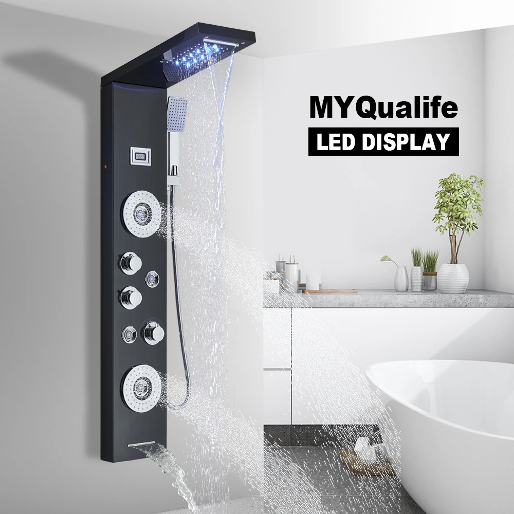 Black LED Shower Panel Waterfall Rain Shower Faucet Set SPA Massage Jet Bath Shower Column Temperature Display Mixer Tap Tower