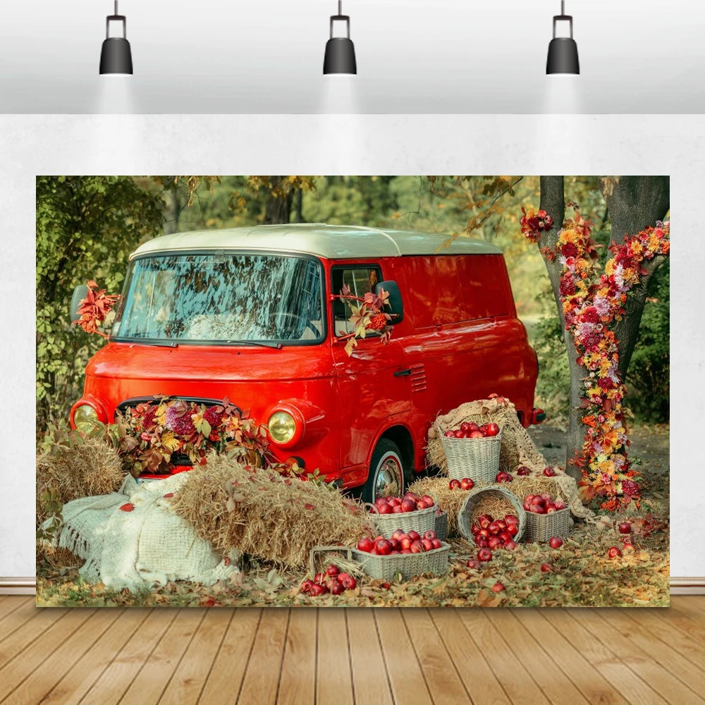 Autumn Harvest Photography Background Countryside Village Car Red Apple Basket Flowers Hay Field Farm Photo Booth Digital Studio