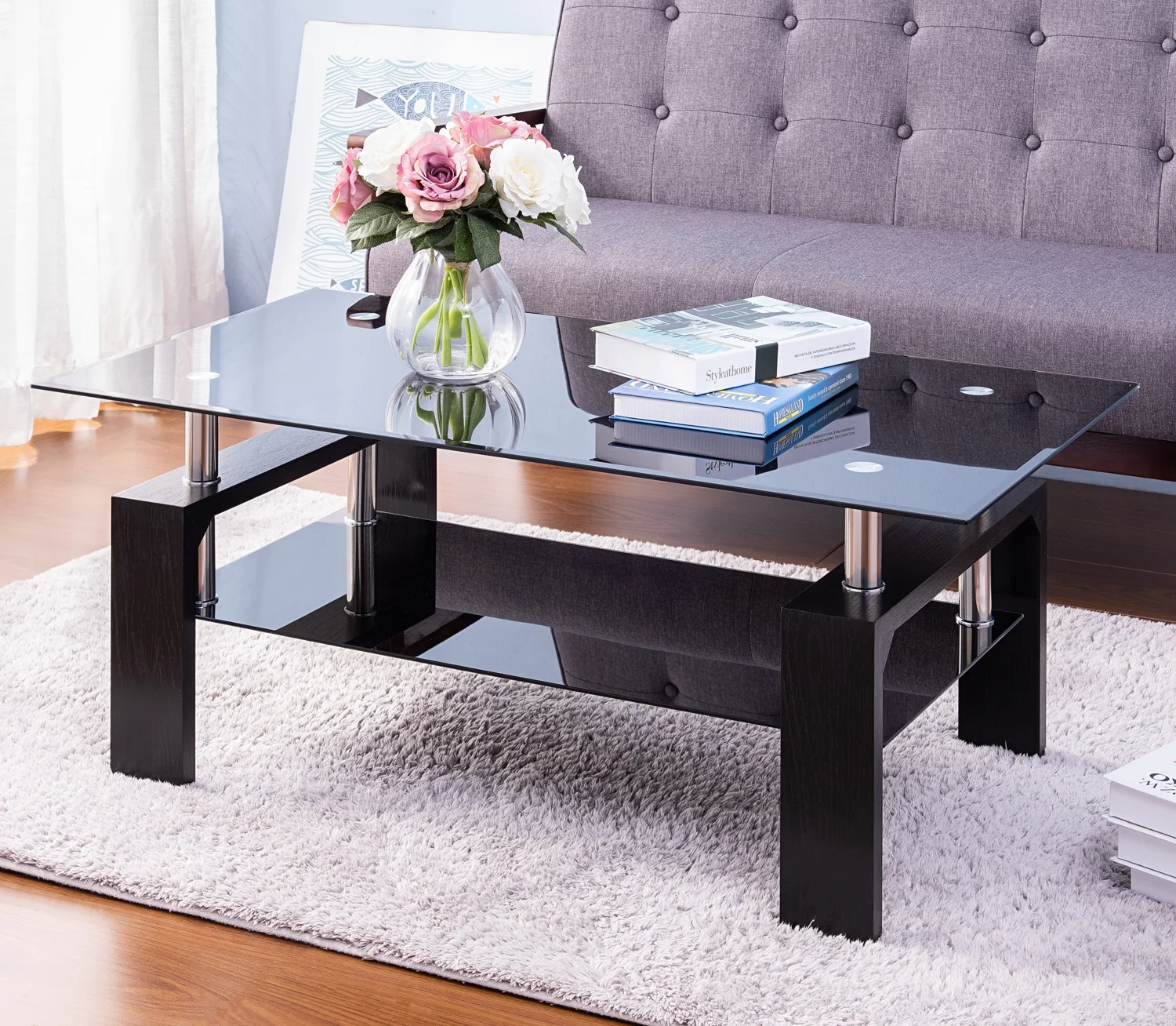 43.11x16.69x16.93 Inch Cocktail Coffee Table 2-Tier Tea Table Black Highlight Glass Top with Wooden Legs[US-W]