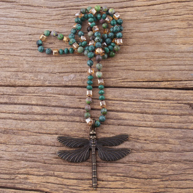 RH Fashion Bohemian Jewelry Accessory 6mm Stones/Crystal Knotted With Metal Retro Dragonfly Pendant Necklaces Women Boho Gift