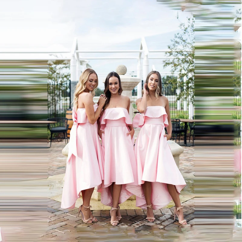 Strapless High Low Bridesmaid Party Gowns Hi-Lo Honor Of Maid Custom Made With Bow Back Spring Bridesmaids Prom Gowns Junior