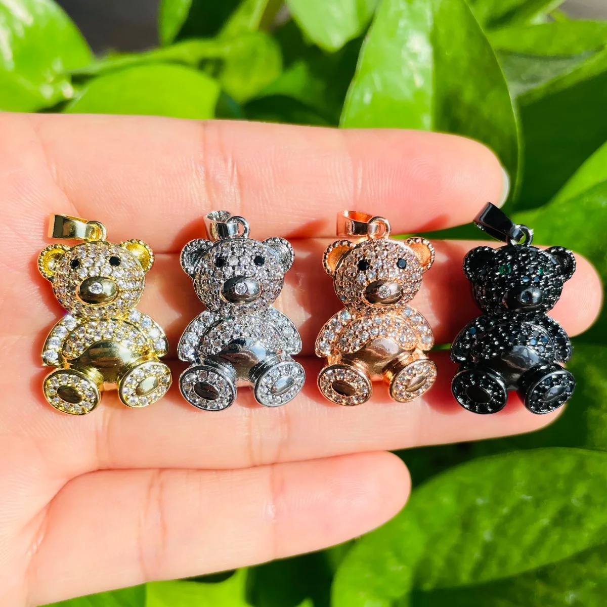 5pcs Exquisite 3D Bear Charm Cubic Zirconia Micro Pave Girl Jewelry Making Bling Gold-Plate Pendant Women Bracelet Necklace Bulk