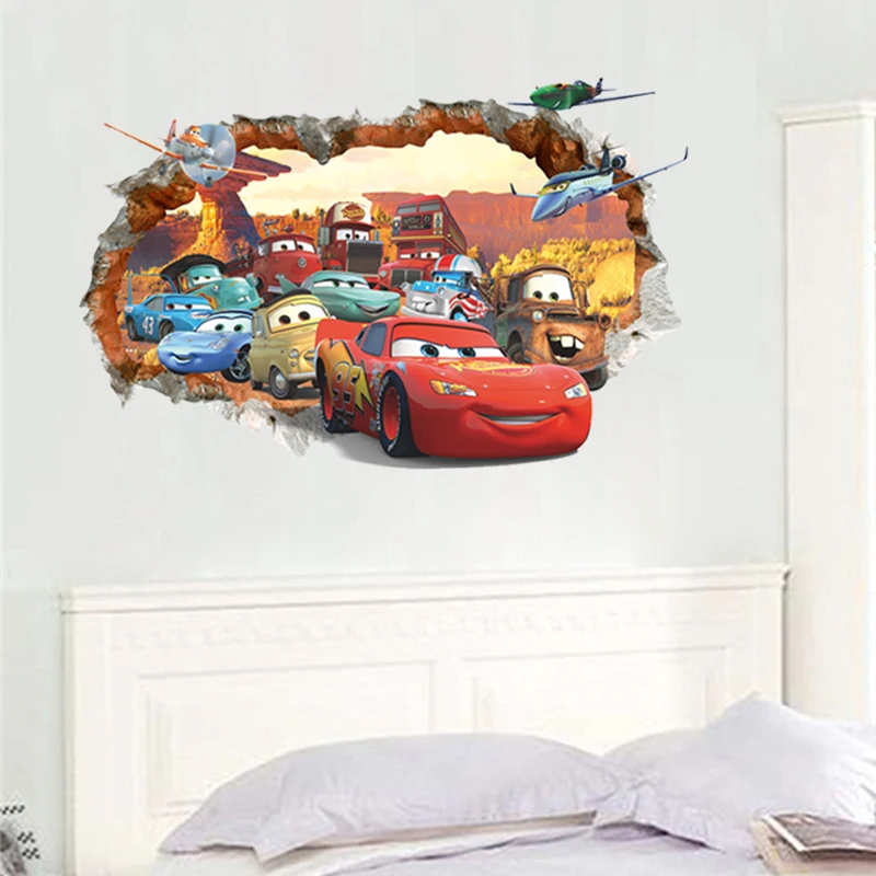 3d Macqueen Cars Broken Hole Wall Sticker For Kids Bedroom Home Decoration Cartoon Anime Mural Art Pvc Movie Poster Boys Decals