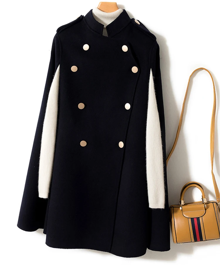 

Elegant Double Woolen Coat 100% Wool Coat Double-Breasted Cape Coat Fahion Women winter Coat Star style