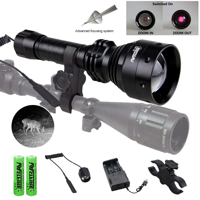 Tactical 940nm/850nm LED Infrared Flashlight Zoomable IR Hunting Light infrared Night Vision Torch Lamp+Charger+Battery+Mount