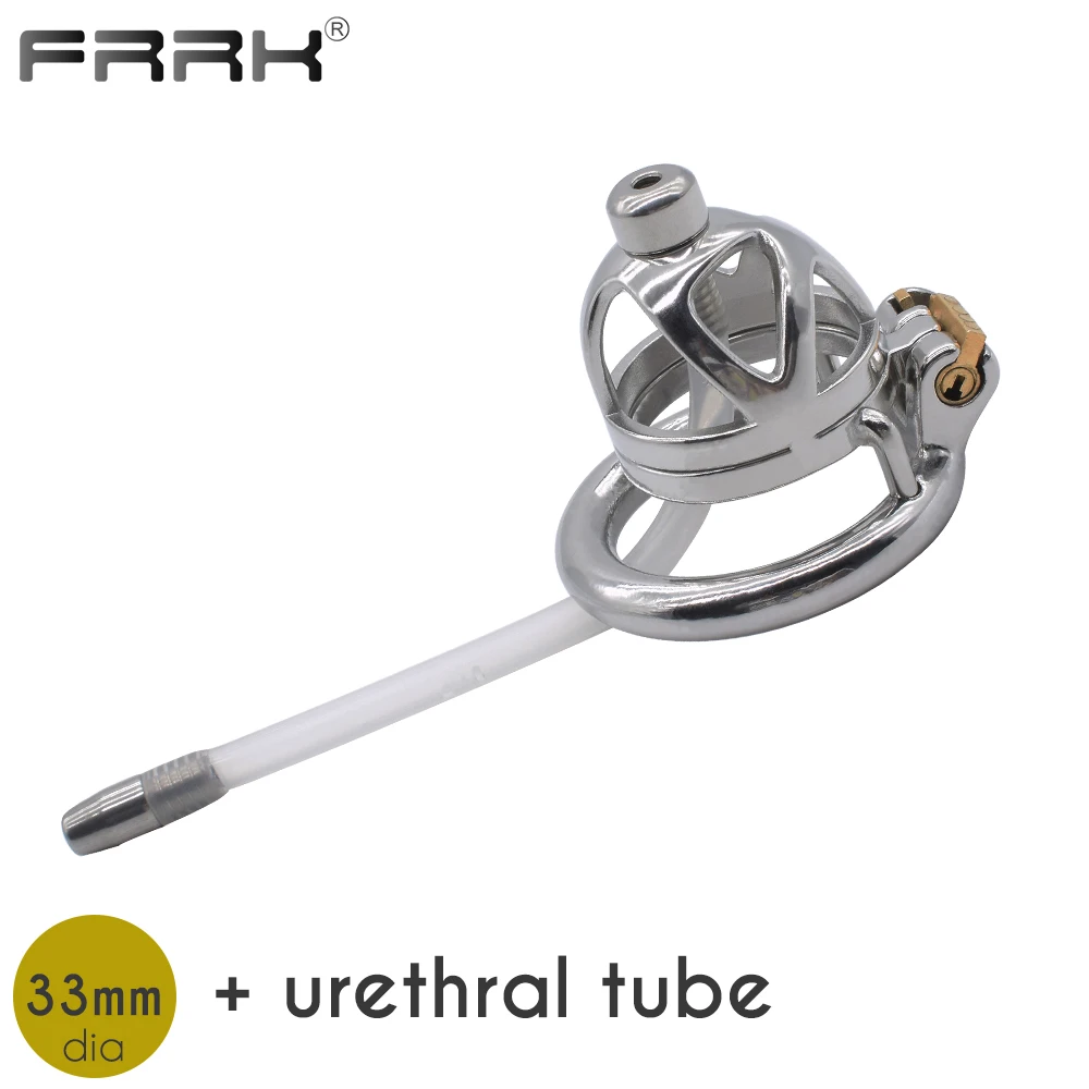 FRRK Small Chastity Belt Lock for Men Metal Cock Cage with Urethral Tube Steel Male Bondage Device Adult Games Erotic Penis Ring