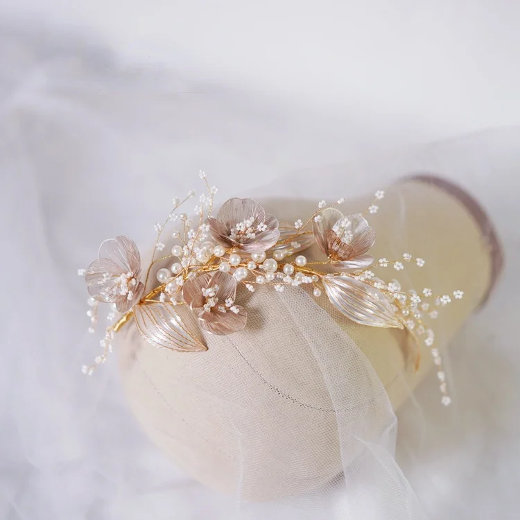Beaded Metal Petals Side Transparent Bridal Headdress Wedding Hair Makeup Shooting Accessories