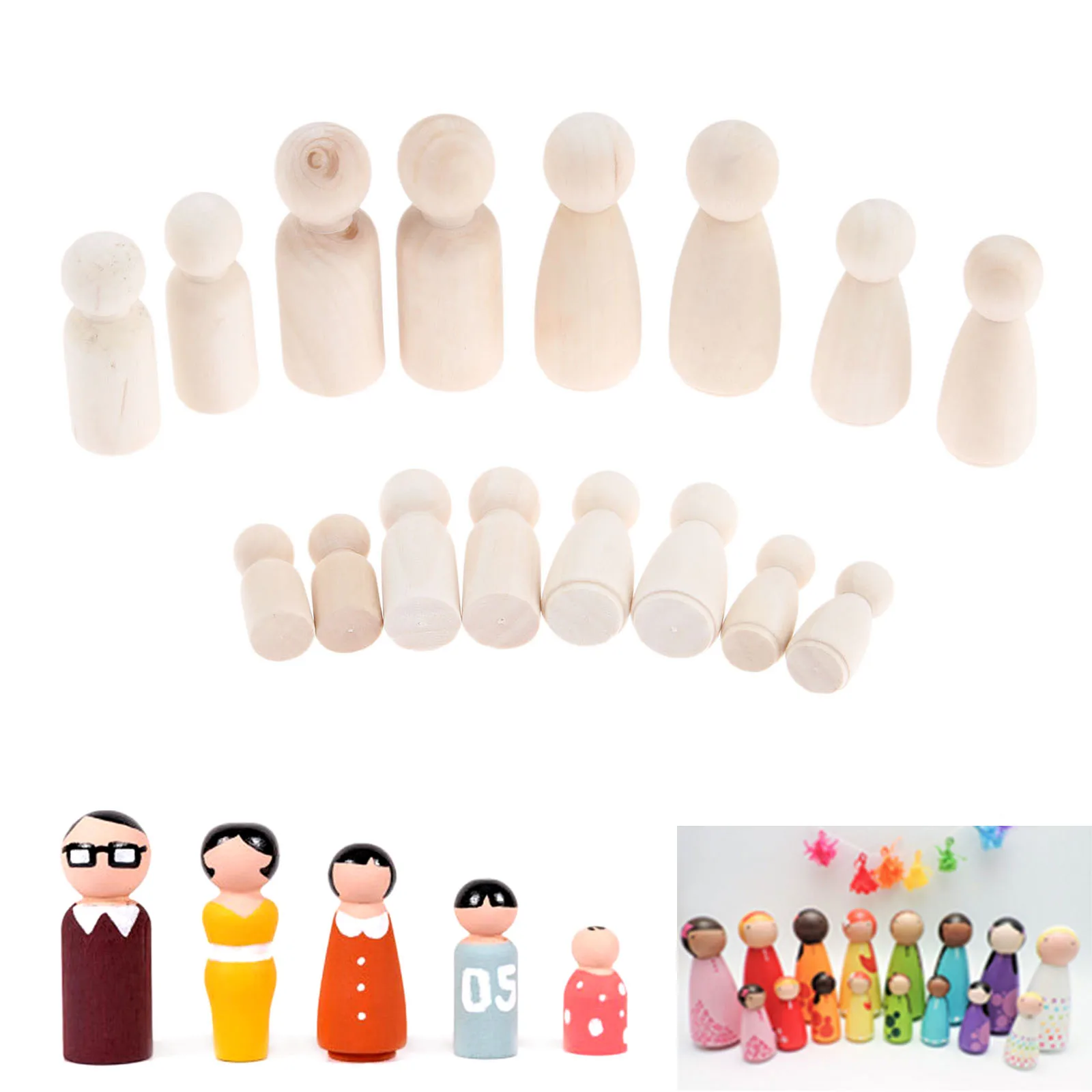 16pcs/set Mixed 35/43/55/65mm Wooden Peg Dolls Unpainted Figures Hard Wood Dolls Kid's Printed Baby Souvenirs DIY Crafts