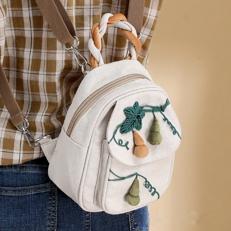 Vintage Ethnic Canvas Mini Shoulder Bag Women Casual Travel Embroidery Linen Backpacks for Teenagers Girls Chest Pack Mochila