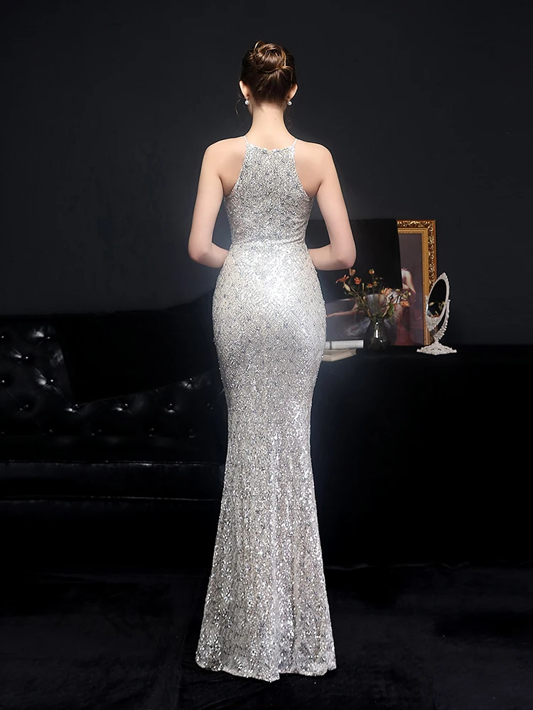 

Halter Neck Evening Dress Sleeveless Mermaid Dress Women Sequins Full Party Gowns 2021 New Robe De Soriee Slim Prom Dress