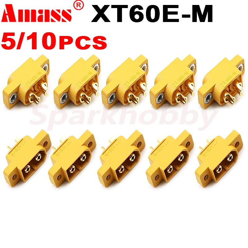 10PCS AMASS XT60E-M Male plug Screws Lipo battery mountable connector Brass Gold plated For RC Models Multicopter Fixed Board