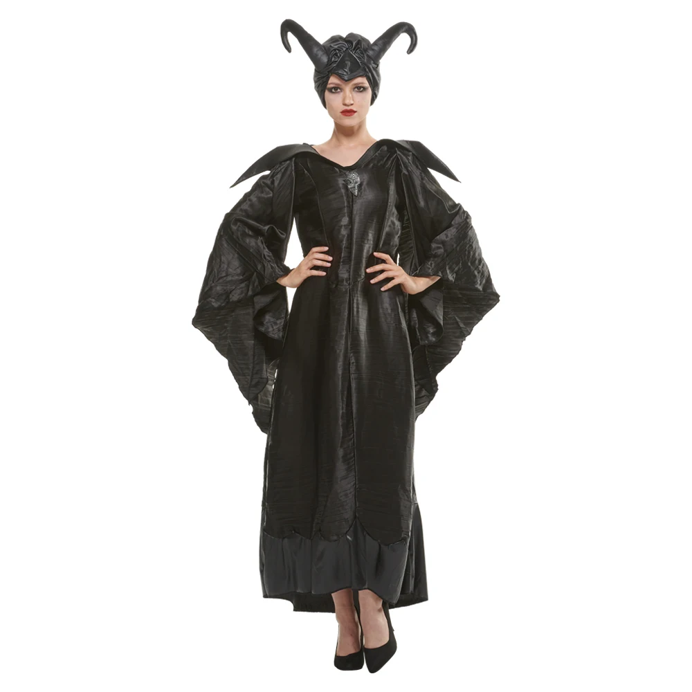 Deluxe Halloween Black Queen Cosplay Costume Women Witch Gown with Horns Hat Carnival Easter Purim Fancy Dress