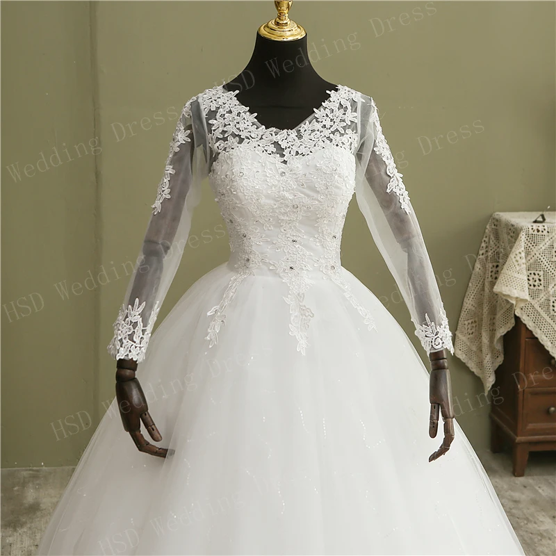 свадебное платье Bridal Ball Gown V Neck Wedding Dress Customized Vestido De Novia Princesa Lace Vintage Long Sleeve Real Image