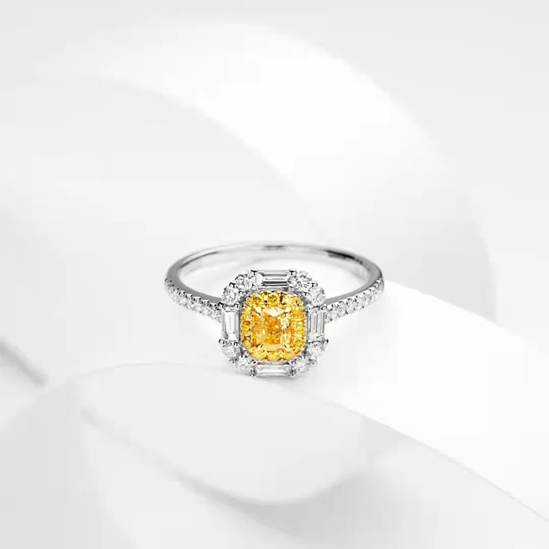 Real 18k-Gold Yellow Diamond 0.92 CT Ring For Women Wedding Bands Square Cute Romantic Engagement Jewelry