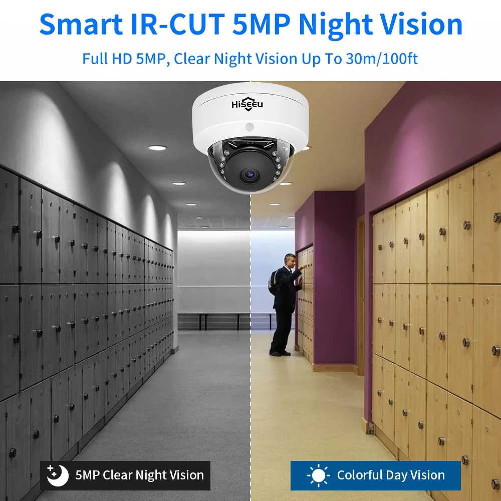 Telecamera IP POE 5MP 1080P H.265 Audio Dome Camera Motion Detection per PoE NVR App View Hiseeu