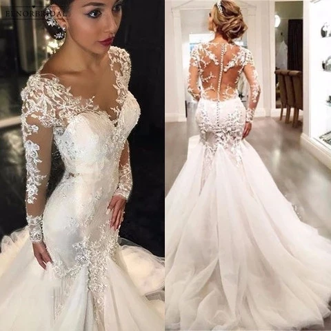 

Elegant Long Sleeve Mermaid Wedding Dresses Sheer Robe De Mariee Illusion Back Custom Made Bridal Gowns