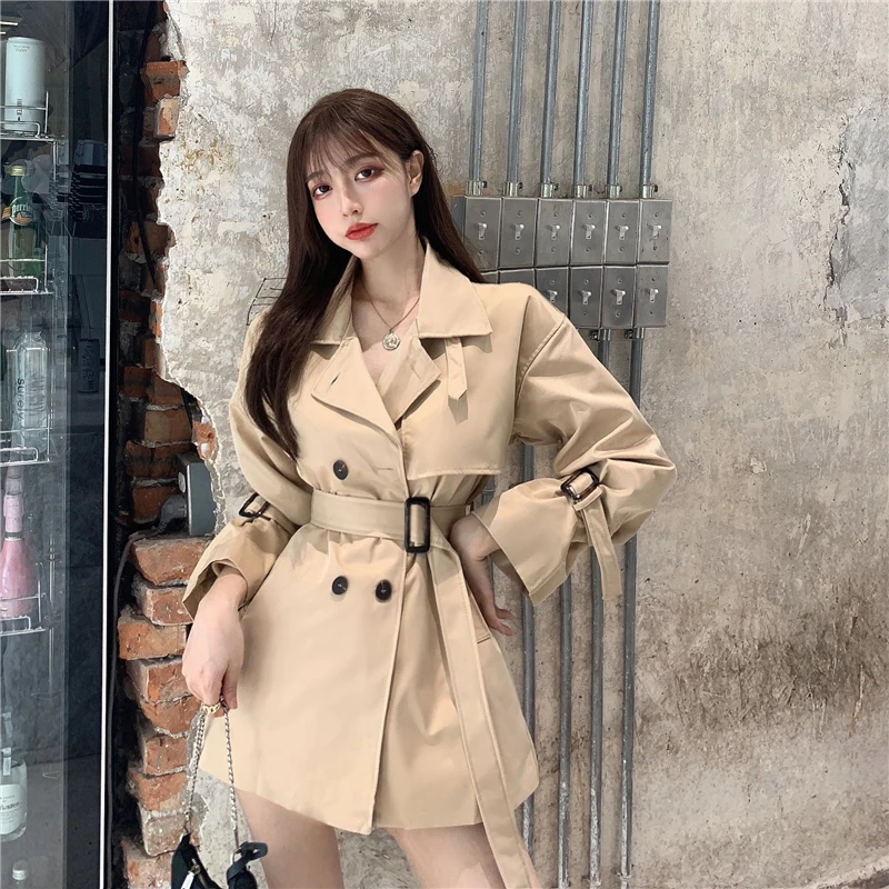 

Popest Khaki Long Trench Loose Coat Women ’s Jackets Spring Nice Korean Double Breasted Trench Coat Solid Casual Cloak Female