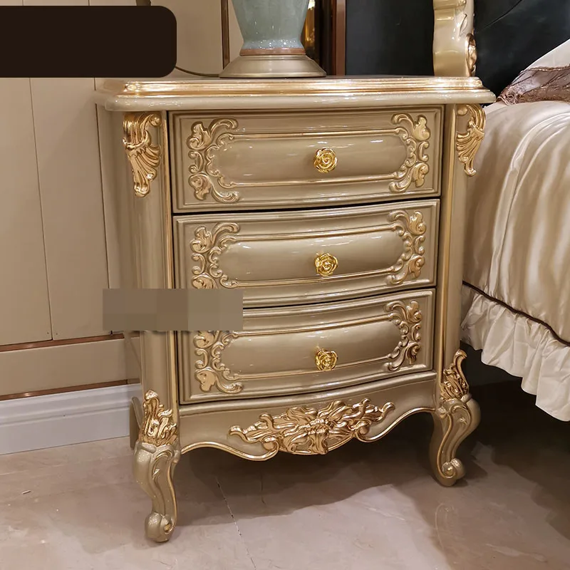 

European Luxury Carved Solid Wood Bedside Table High-end Champagne Gold-leafed 3 Drawer Bedside Table