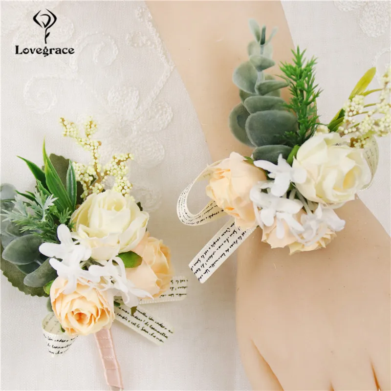 Silk Flowers Wedding Groomsmen Boutonniere Wrist Band Bridesmaids Hand Flowers for Wedding Accessories Sisiter Corsage Brooches