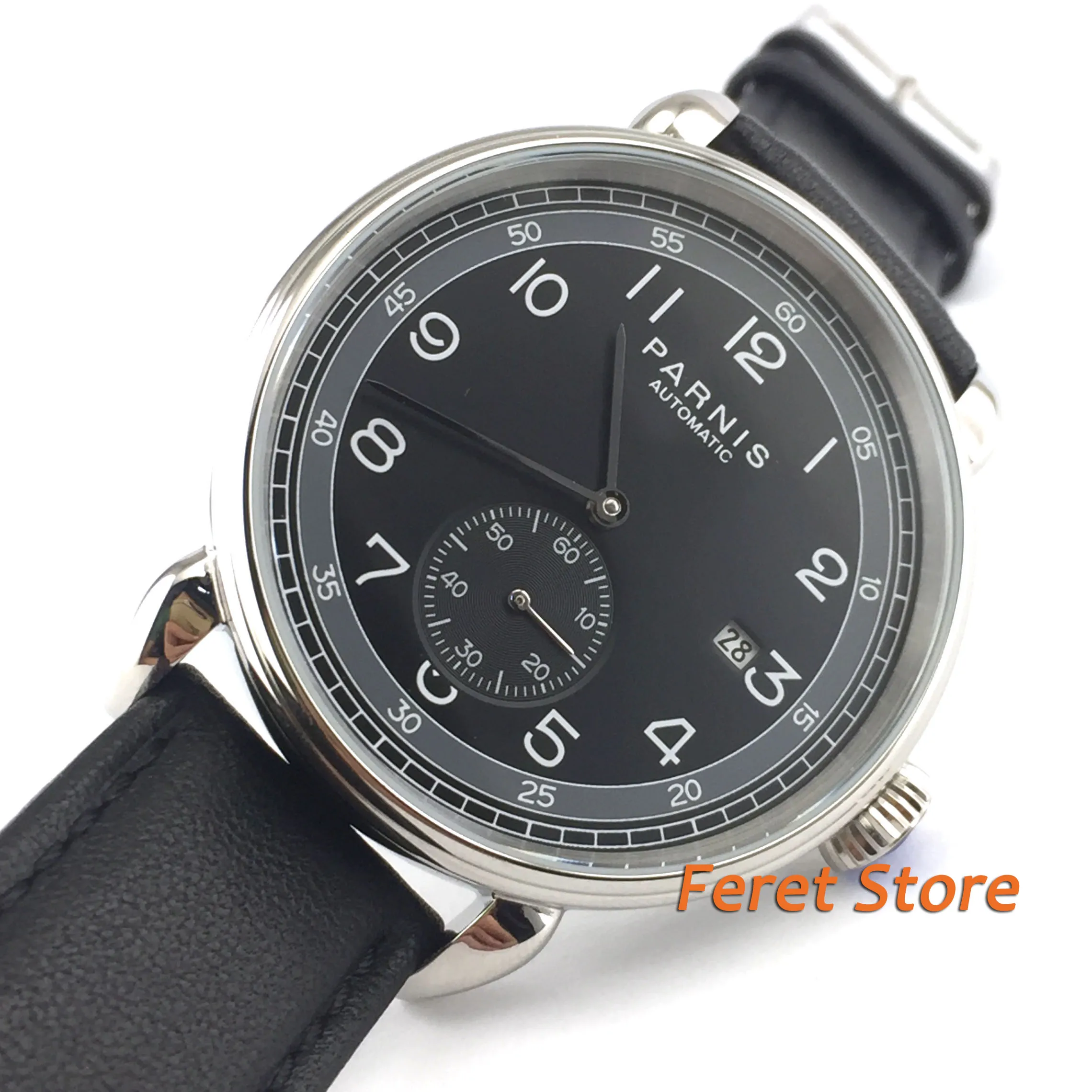 

Parnis 42mm black dail Mechanical Men's Watches top luxury mechanical watch silver watch case date leather automatic man watch