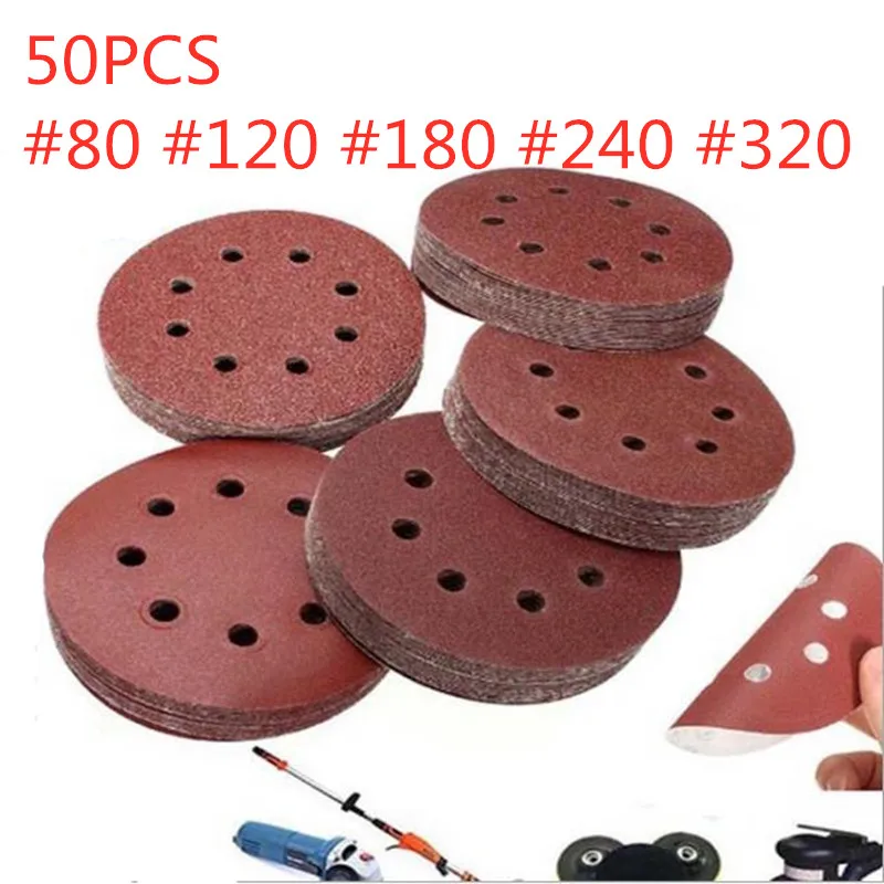 

50pcs/set 5" 8 Hole 80/120/180/240/320 Grit Sanding Disc Random Orbit Hook Loop Sander Sand Paper Discs Set Grit