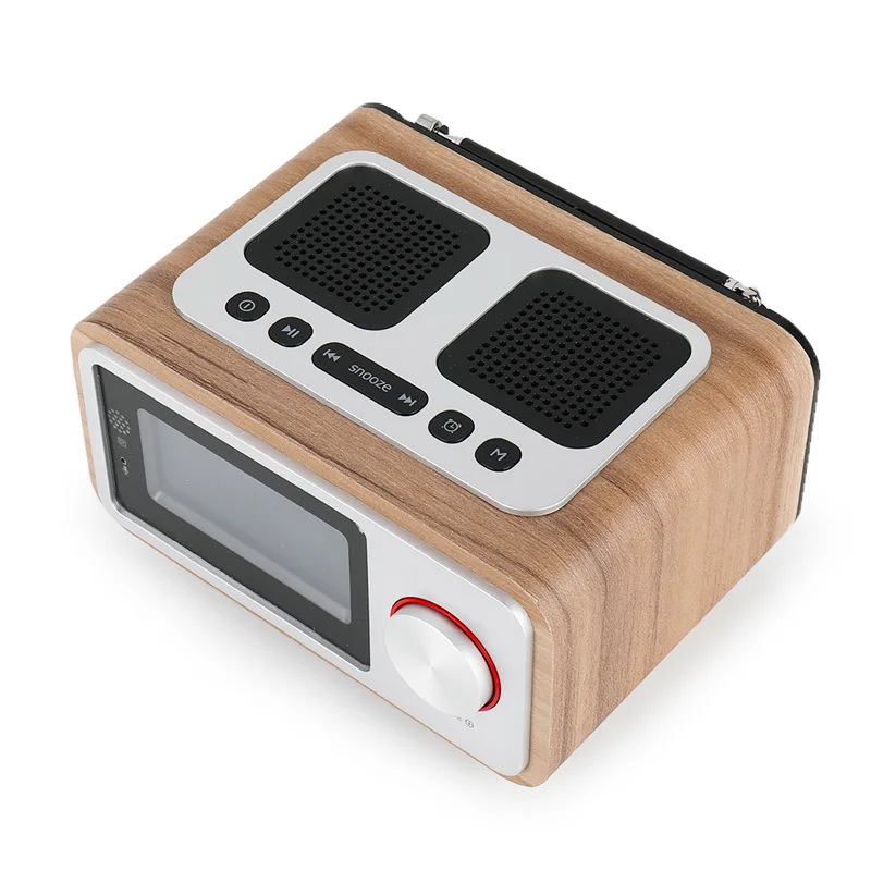 Wooden Alarm Clock Radio Portable Retro Radio Bluetooth Speaker Digital FM Radio Multi-Functional MP3 Player Supports Micro USB