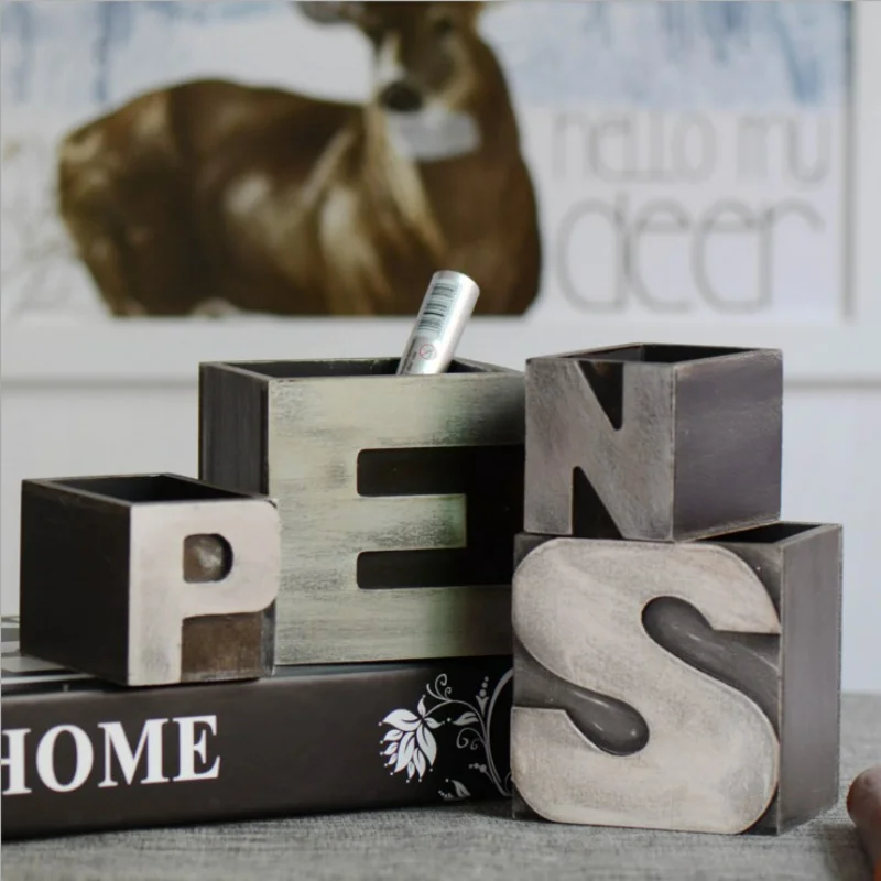 Retro Metal Pen Container Texture Combination Letter Pen Holder Home Furnishings Creative Office Desktop Storage