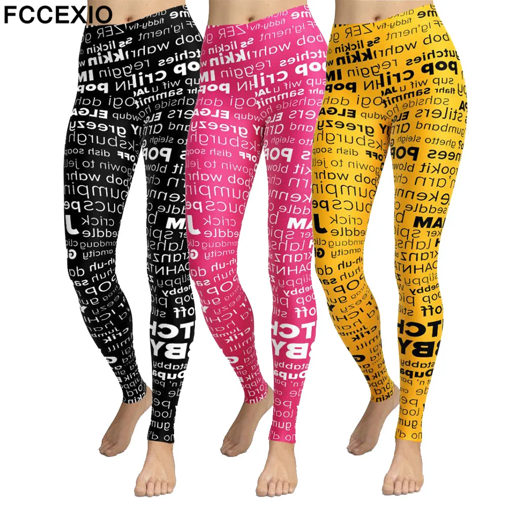 FCCEXIO Marque Lettre Imprimé Femmes Legging Mode Noir dehors Crayon Pantalon Fitness Sexy Workout Leggings S-3XL