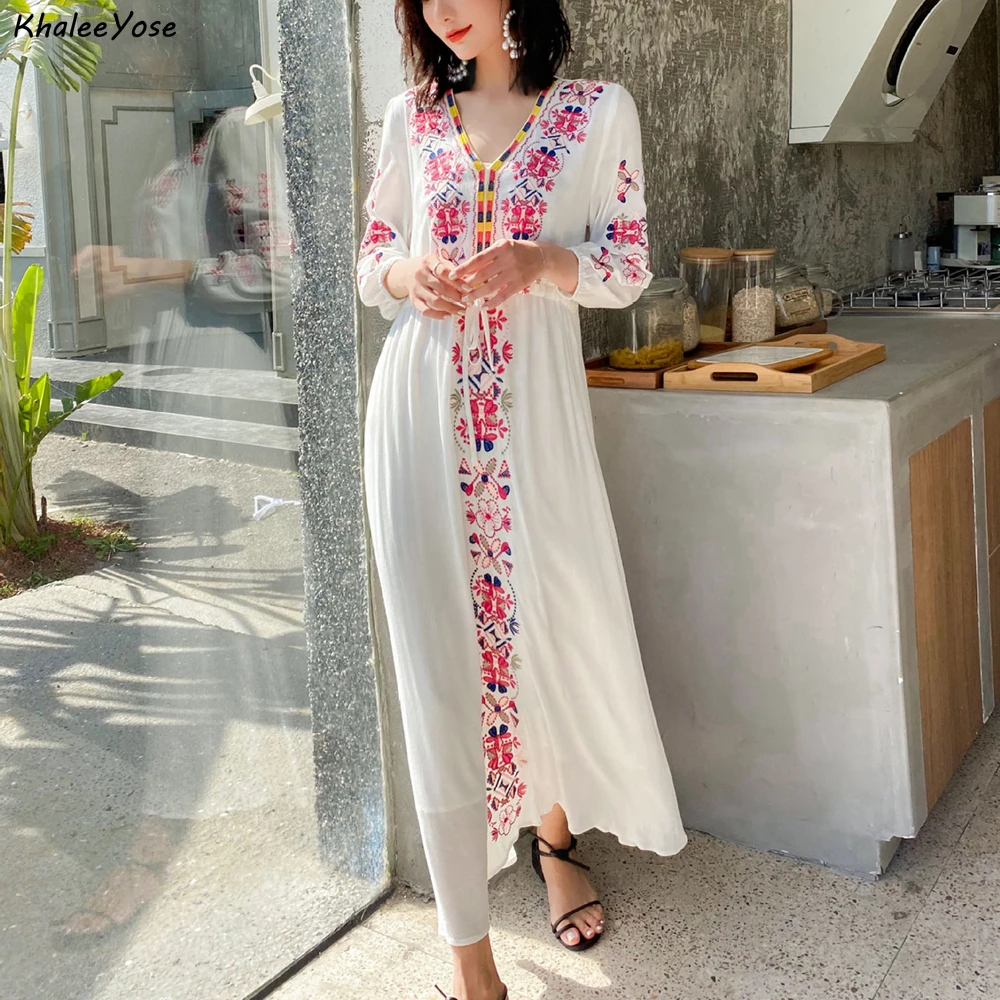 KHALEE YOSE White Floral Embroidery Dress for Women Vintage Spring Autumn Maxi DressesLong Sleeve Lady Casual Ethinic Chic Dress