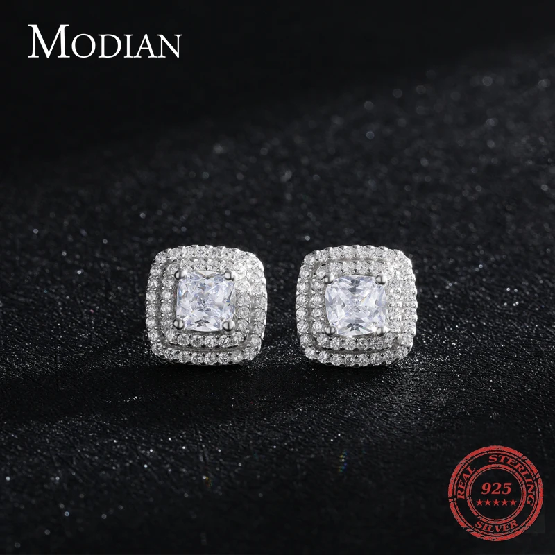 Modian-Boucles d'oreilles carrées classiques en argent regardé 925 véritable pour femme, boucle d'oreille CZ transparente, goujon de mariage de luxe, bijoux fins de fiançailles