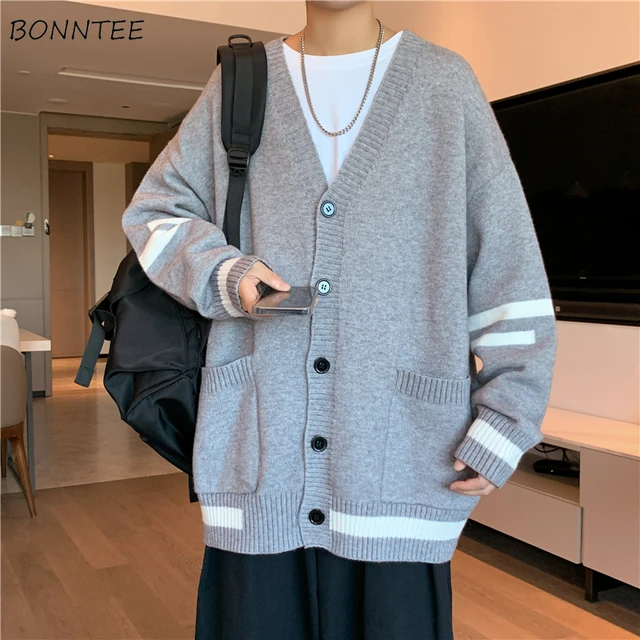 Cardigan Men Loose Oversize V neck Long Sleeve Single Breasted Knitted Sweaters Outerwear Korean Style Striped Design Daily Chic AliExpress