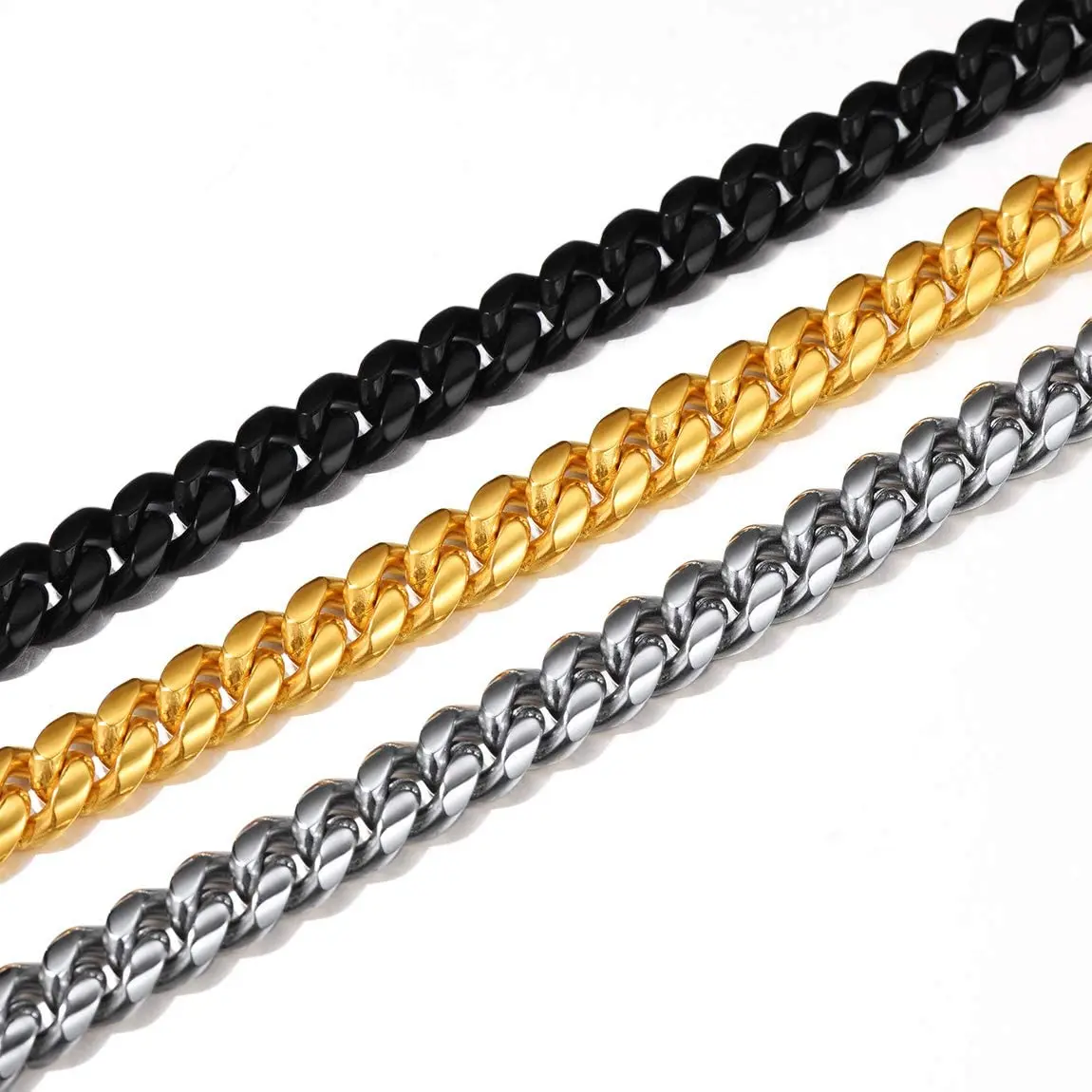 U7 Chunky Miami Cuban Chain Necklace for Men 10mm 18-30 inch Gold Black Color Stainless Steel Hip Hop Male Jewelry