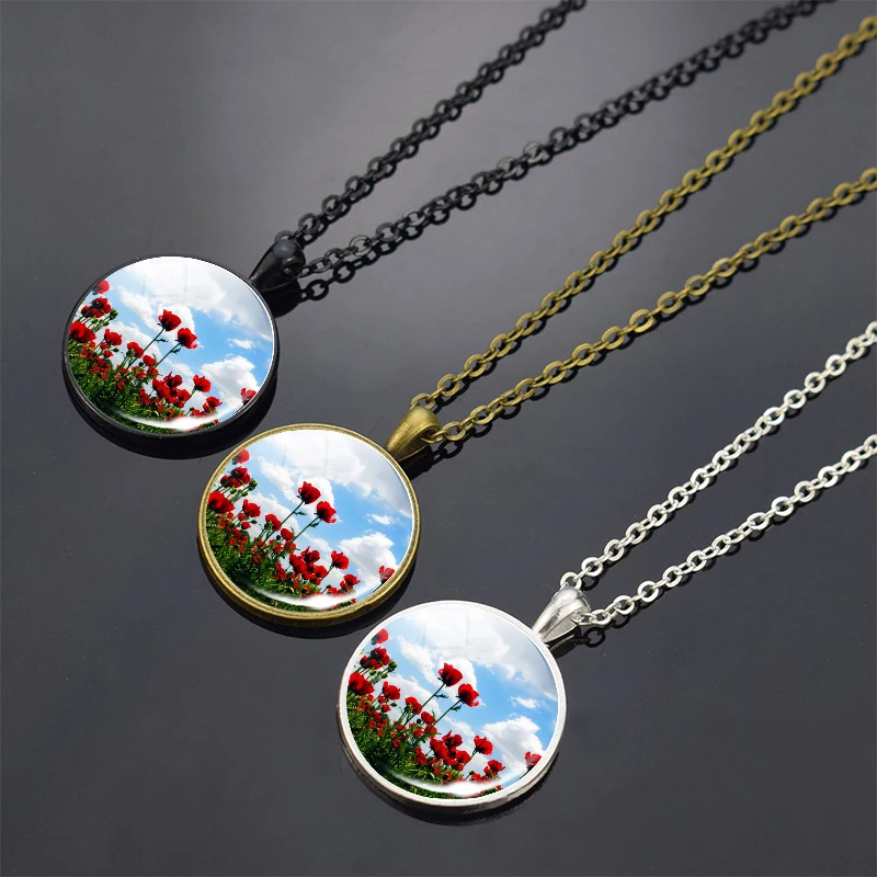 Poppy Flowers Art Pattern Necklace Fashion Silver Color Pendant Glass Cabochon Jewelry Simple Style Pendant Charm Women Gifts