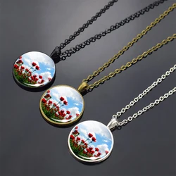 Poppy Flowers Art Pattern Necklace Fashion Silver Color Pendant Glass Cabochon Jewelry Simple Style Pendant Charm Women Gifts