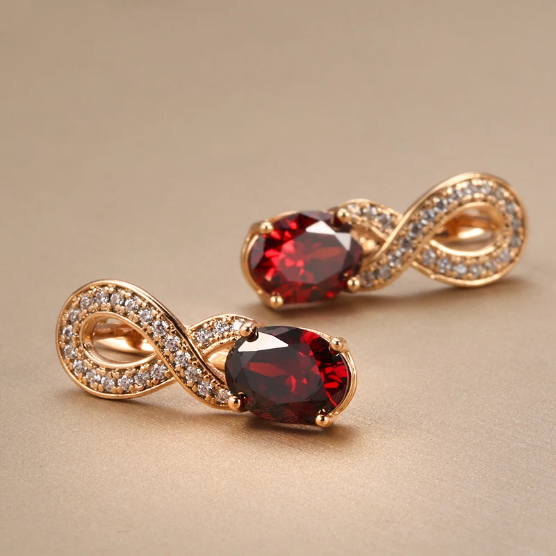 Kinel Trend Red Natural Zircon Drop Earrings for Women 585 Rose Gold Color Crystal Flower Vintage Bride Wedding Daily Jewelry