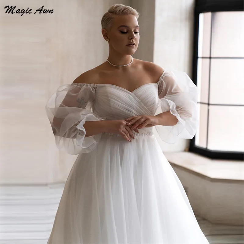 Magic Awn Plus Size Off The Shoulder abiti da sposa maniche lunghe perline Sash Organza Boho abiti da festa di nozze abiti semplici