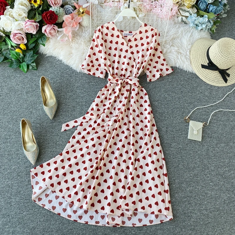 Vestido de festa boho estampado floral, sexy com decote em v, manga curta plissada, cinto de renda, vestido midi, vestido de verão, fino, 2021