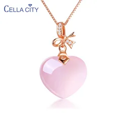 Cellacity Clavicle Chain Silver Jewelry Gemstone Necklace for Women Rose quartz Pink Heart shaped Crystal Pendant Sweet Gift