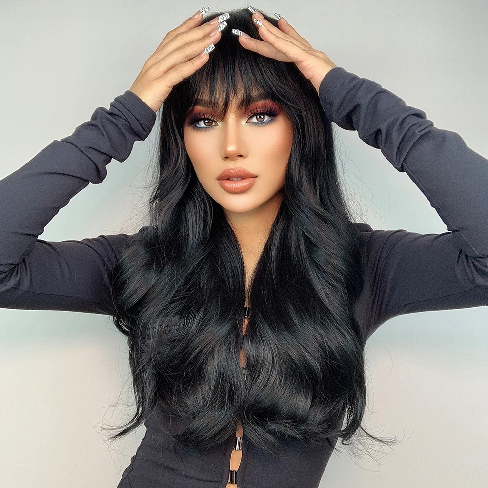 EASIHAIR Long Black Wavy Wigs with Bangs Water Wave Synthetic Wigs for Women Natural Hair Wigs Heat Resistant Black Hair Wig