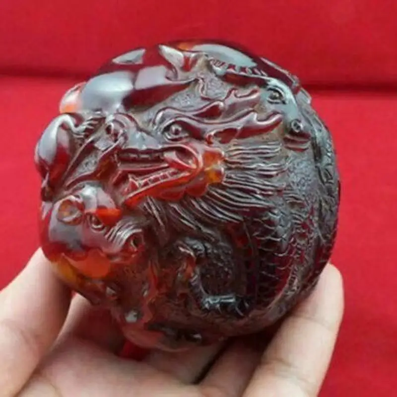 Rare Collection Chinese Handwork Amber Carving Dragon Tiger 12 Zodiac Animals Statue Fitness Ball