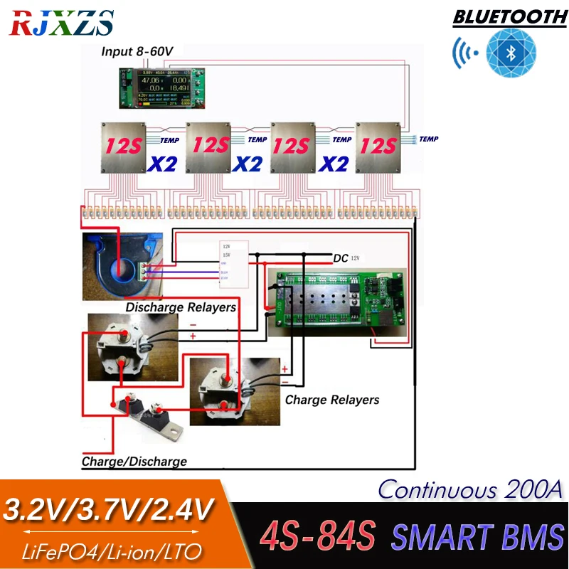 4S to 84S 200A/300A Relay Smart BMS  With LCD For LTO /LiFePO4 /Li-ion Multiple Series Battery Compatible-Bluetooth App Monitor