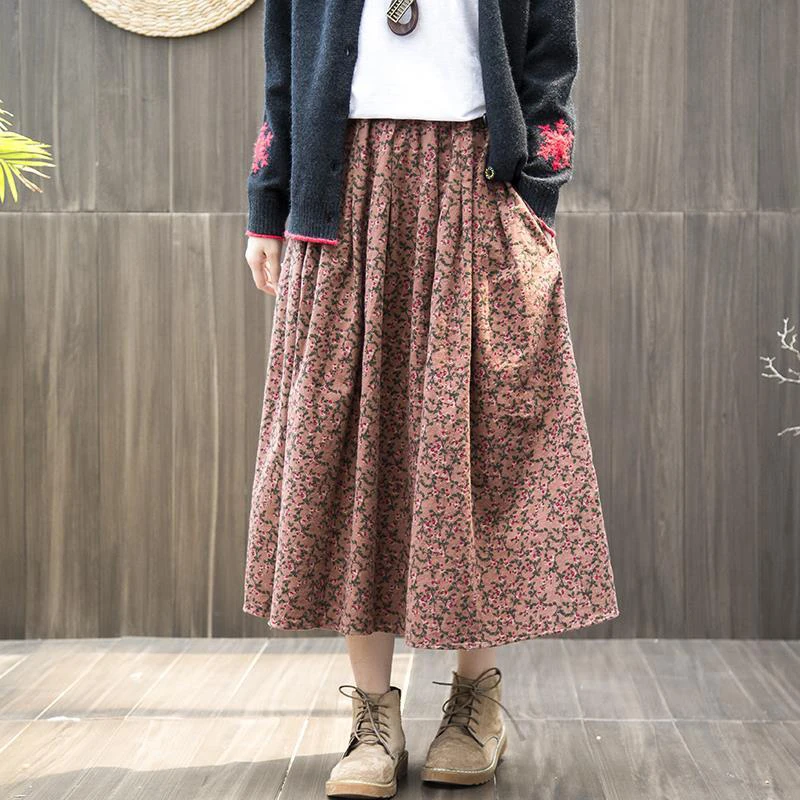 Spring Autumn Arts Style Elastic Waist Cotton Linen A-line Long Skirt Women Loose Casual Vintage Floral Skirt high quality S364