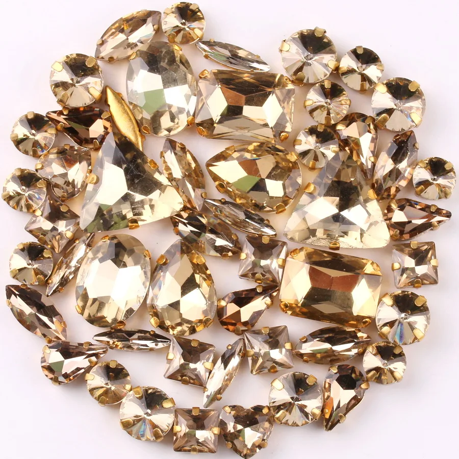 Goldene Krappenfassung, 50 Stück/Beutel, verschiedene Formen, helltopasfarbener Glaskristall zum Aufnähen, Strass für Hochzeitskleider, Schuhe, Taschen, DIY-Verzierung – Detail 3