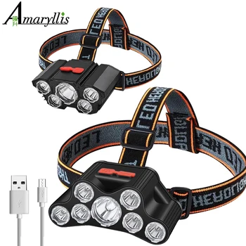 USB 충전식 LED 헤드라이트, 슈퍼 브라이트, 5 가지 작동 모드 헤드램프, 방수 헤드 마운트 손전등, 야간 낚시 하이킹용